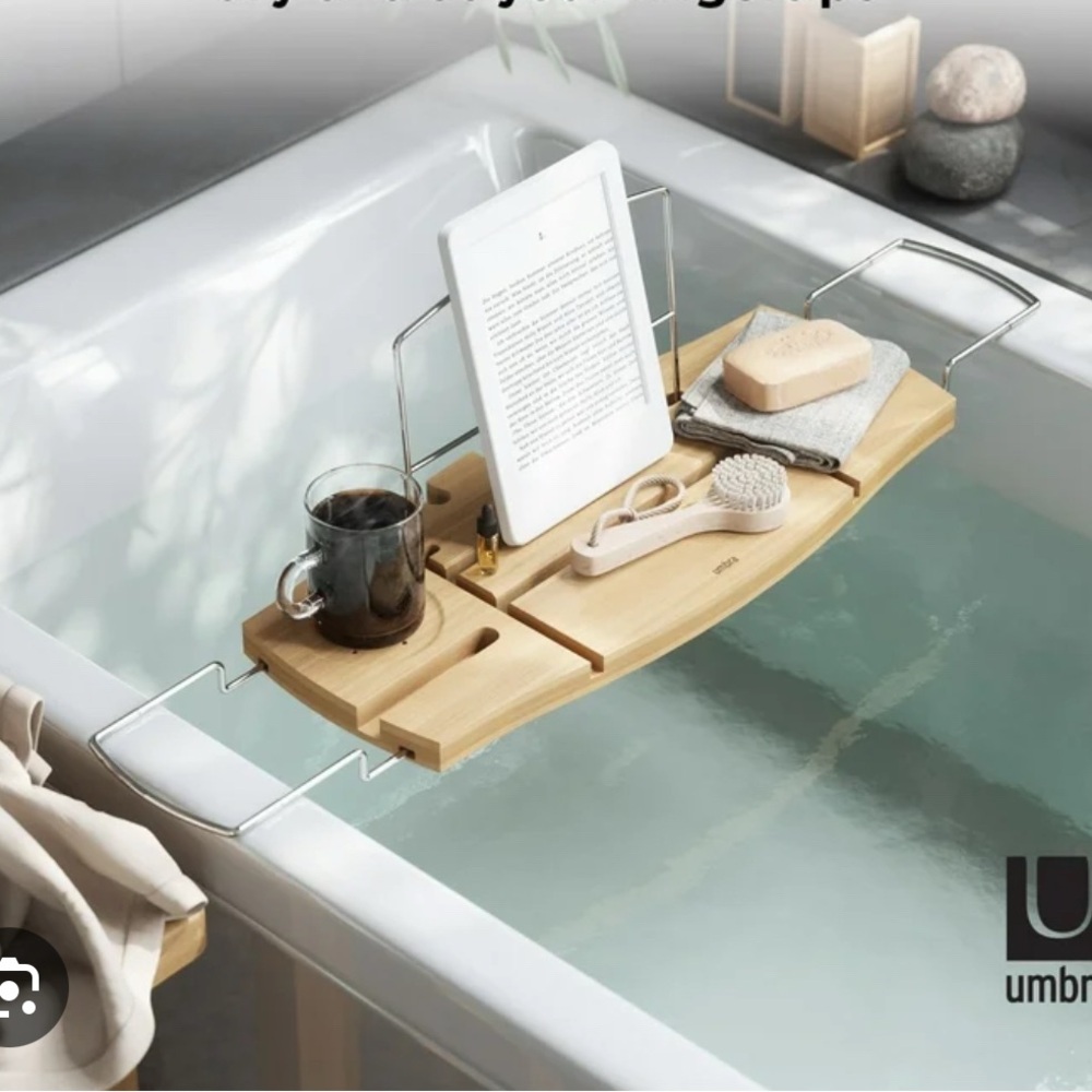 Umbra Dark Chestnut Wood Bath Caddy with Silver Handles